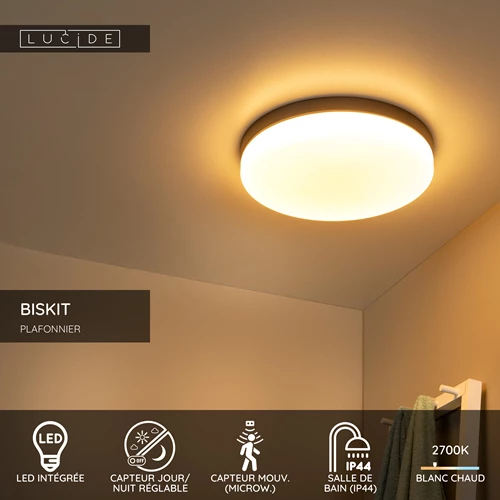 Lucide BISKIT - Plafonnier Salle de bains - Ø 40 cm - LED - 1x36W 2700K - IP44 - Détecteur De Mouvement - Noir - USP